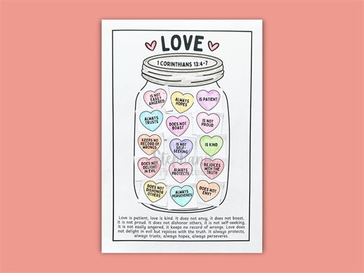 Love Is... Jar of Hearts Craft Printable | 1 Corinthians 13:4-7 Bible Verse - Etsy