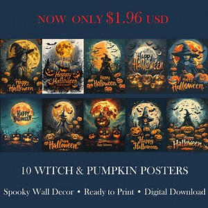 Vintage Witch & Pumpkin Halloween Poster Set | Spooky Wall Art (digital Download) - Etsy UK