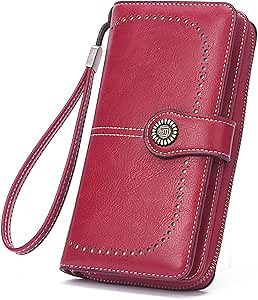 Mokoze Red Wallet for Women, PU Leather Large Capacity Bifold Wallets with Wrist Strap and Zipper for Hold Credit Cards/Cell Phones/Keys, Girlfriends Mother's Day Gifts