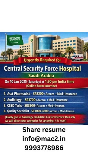 Urgent Hiring for Saudi Arabia 🇸🇦 | Central Security Force Hospital | Online Interview