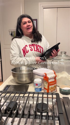 Ina Garten’s Brown Butter Cornbread! Future me will be thankful to have everything pre measured! Ingredients 1/2 pound (2 sticks) unsalted butter 2 1/4 cups whole milk 2 extra-large eggs, lightly beaten 3 cups all-purpose flour 1 cup sugar 1 cup (fine) yellow cornmeal, such as Quaker 2 tablespoons baking powder 1 tablespoon kosher salt Flaked sea salt, such as Maldon, for sprinkling Directions Preheat the oven to 350 degrees F. Melt the butter in a large (12-inch) round cast-iron skillet over me
