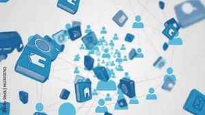 Animation of multiple digital icons falling over network of profile icons against grey background