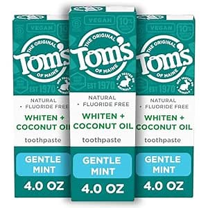 Tom’s of Maine Whiten Plus Coconut Oil Fluoride Free Toothpaste, Natural Whitening Toothpaste with Plant-Based Cleansers, Whitens Without Causing Sensitivity, Gentle Mint, 4.0 Oz (Pack of 3)