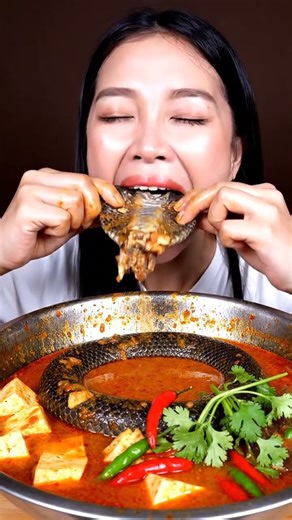 "Woman's surprising reaction to snake dish | Spicy Snake Curry Mukbang Video"
