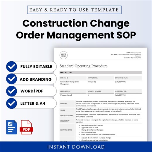 Construction Change Order Management SOP Template – Word & PDF, A4   US Letter - Etsy