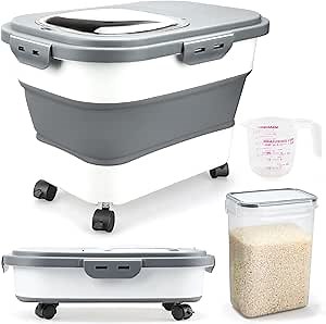 Rice Storage Containers, Collapsible 20 to 30Lbs Food Storage Bin Dispenser with Rolling Wheel and Clear Airtight Lid, BPA Free Flour, Sugar, Cereal and Dog Cat Pet food Containers