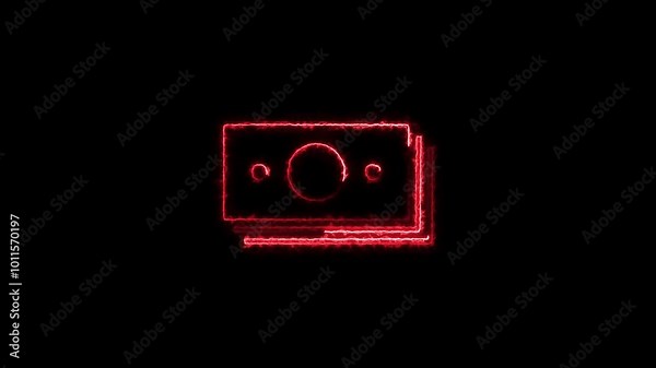 Glowing neon money icon animation. Glowing neon money stack sign, paper banknotes. Business and finance, bank cash currency, receive salary, investment income, cash exchange market concept.