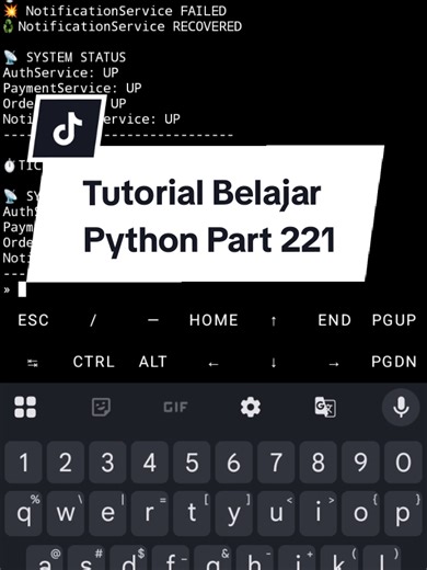 Tutorial Belajar Python Part221 untuk pembelajaran pemula. Materi — Chaos Engineering Simulator (Production Mindset) 1️⃣ Judul Materi Membangun Chaos Engineering Simulator untuk Menguji Ketahanan Sistem Backend 2️⃣ Penjelasan Materi Chaos Engineering adalah teknik untuk sengaja merusak sistem → supaya kita tahu sistem kuat atau rapuh sebelum production. Dipakai di dunia nyata oleh: Netflix (Chaos Monkey Google AWS Microservices besar Tujuannya bukan merusak, tapi: Menguji fault tolerance Melatih