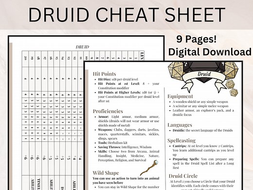 Druid Cheat Sheet | Druid Quick Reference Guide | Dnd Cheat Sheet | 9 Page Druid Cheat Sheet | Druid Circles | Dungeons and Dragons - Etsy