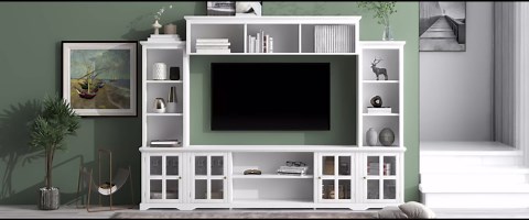 Multifunctional TV Stand with Tempered Glass Door for Televisions Up to 70", Living Room Minimalism Entertainment Wall Unit with Bridge, Modern Media Console Table, Black, 104.3-Inch Wide