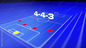 433 football formation animation, 4k 3d soccer pitch and stadium motion graphic in blue with red discs
