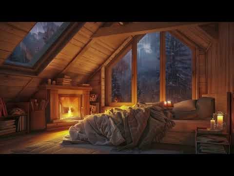 Cozy Attic Bedroom | Rainy Mountain Night with Fireplace Glow