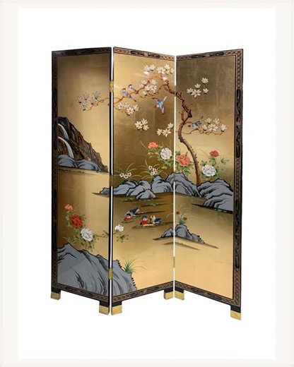 Oriental Furniture Warehouse on Instagram: "3 Panel, each 72" inches high. This beautiful hand painted screen features waterfalls, lakes and birds painted in gold leaf. The back is also painted in a floral gold line so as to be pleasing as a room divider. The screen is double hinged and lightweight and can be used as a room divider or hung as a decoration on a wall. Each panel Measures 16" by 72" inches high; total width is 48 inches wide. * Three panel * Lightweight for safe mounting * Hand pai