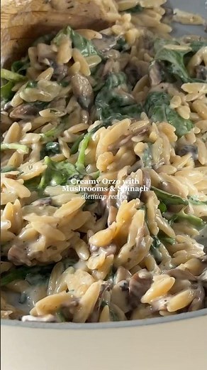 Creamy Mushroom Orzo w Spinach & Parmesan, easy lazy dinner, one pot 🤎 Recipe below! #healthypasta