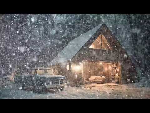 Snowstorm Evening on a Rustic Cabin Porch ❄️ Soft Warm Lights & Intense Winter Ambience