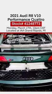 1.5K views · 13 reactions | PUBLIC AUCTION! CLEAR TITLE! Get that pre-bid in if you are serious about owning this 2021 Audi R8 V10 Performance Quattro! Stock# 41248773 is located at IAA Grand Rapids, MI. Make sure to get your Pre-Bid in now! Get it delivered to your door with IAA Transport! The public auction is Monday, March 17th at 12pm CST, part of the Dream Rides auction. #audiR8 #audiR8V10 #supercars | IAA | Facebook