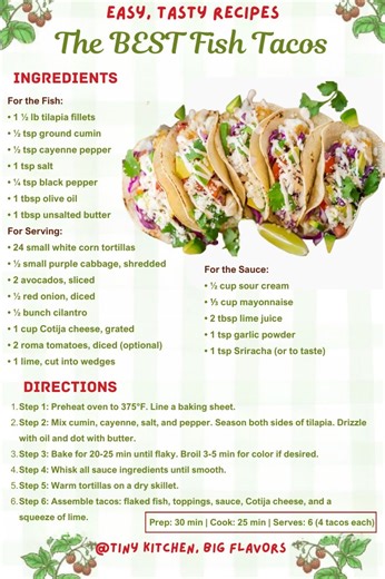 🌮 The BEST Fish Tacos – Fresh, Flaky & Bursting with Flavor! These are the ultimate fish tacos! Featuring perfectly seasoned, oven-baked tilapia, a creamy spicy sauce, and all the fresh toppings, they’re a guaranteed hit for taco night. Healthy, easy, and so delicious! Nutrition info (per taco): 172 Calories | 8g Protein | 9g Fat | 15g Carbs Chef's Secrets: Oven-Baked Ease: Baking the fish is simple, mess-free, and yields perfectly flaky results every time. The Sauce is Key: Don't skip the crea