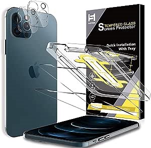 4 Pack HATOSHI 2 Pack Screen Protector +2 Pack Camera Lens Protector Compatible with iPhone 12 Pro Max 6.7 inch HD Tempered Glass, Anti-scratch Easy Installation Tool Case Friendly Screen Saver, Clear