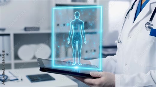 Doctor scanning digital patient profile data on medical tablet technology. Virtual healthcare system analyzing human anatomy body. Smart electronic record interface for hospital diagnosis.