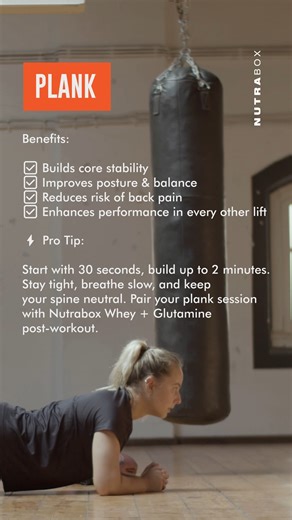 Exercise of the week : Plank . Benefits: ✅ Builds core stability ✅ Improves posture & balance ✅ Reduces risk of back pain ✅ Enhances performance in every other lift . ⚡ Pro Tip: Start with 30 seconds → build up to 2 minutes. Stay tight, breathe slow, and keep your spine neutral. Pair your plank session with Nutrabox Whey Glutamine post-workout to support muscle recovery & lean core development. | Nutrabox