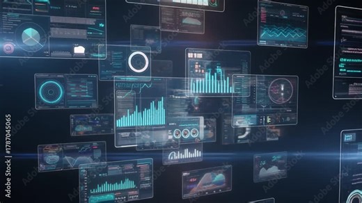Digital data visualization screens displaying complex charts and graphs, representing information analysis and technology