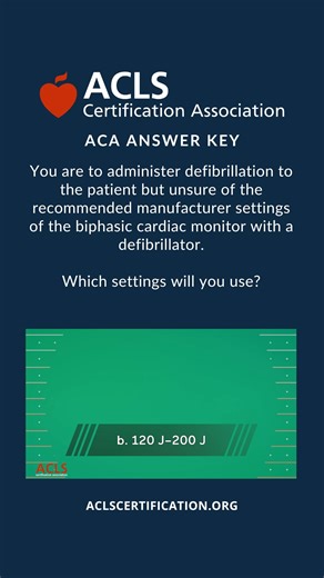 ✅ Correct answer: B. 120J to 200J 👉 You have hooked the patient to a biphasic defibrillator, and AHA guidelines recommend these settings when the manufacturer’s guidelines are not known. Synchronized cardioversion is only for patients with shockable rhythms with a pulse. This patient does not have a pulse. Pharmacologic treatment with adenosine is reserved for patients with tachycardia, narrow QRS complex and where the pulse is present. Earn your ACLS Certification online. Sign-up now: https://