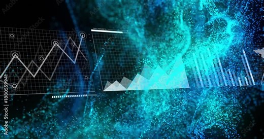Central triangular area chart showing layered peaks floating over blue green particle visualization