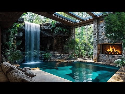 Luxury Indoor Waterfall Pool with Fireplace 🔥 Relaxing Rain & Nature Ambience in 4K