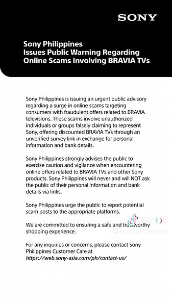 Online Scams Targeting BRAVIA Television Buyers