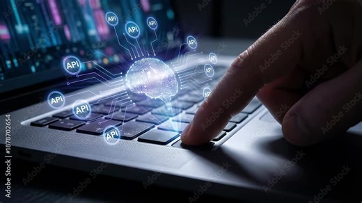 API and AI technologies. API and AI technologies interact on a laptop showcasing advanced computing.