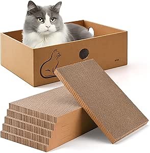 AUSCAT Cat Scratcher Box with 6PCS Cat Scratching Board, Cardboard Cat Scratchers for Indoor Cats, Reversible Cat Scratch Pads for Small Medium Kittens, 14.6" L x 10.9" W x 5.2" H