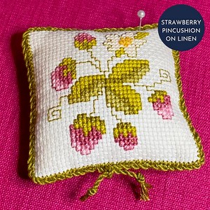 Cross Stitch Guild Strawberry Pincushion on Linen