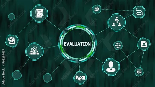 Evaluation Process Digital Diagram. Modern visualization of performance review, analytic workflow, decision mapping, organizational insight, and data-driven business structure optimization.