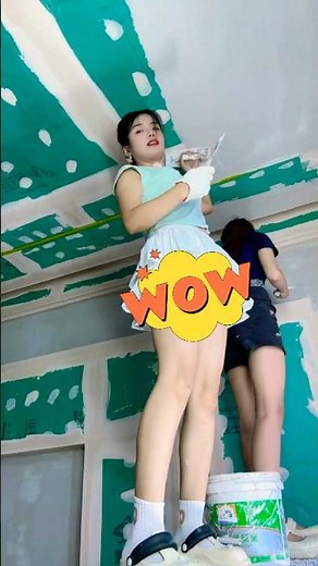 Girl Power Duo! Mudding Green Drywall Ceilings - DIY Handywoman #shorts #diyhandywoman