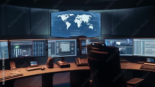 Control room workstation featuring multiple computer monitors displaying digital data and a large central screen with a world map, indicating global surveillance and advanced technology operations