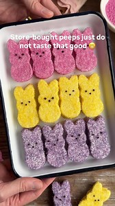 Homemade bunny peeps that taste SO MUCH BETTER than store-bought! 🐰 These are made with honey instead of corn syrup and naturally colored sugar for coating. Use leftover marshmallow scraps for the best rice krispies ever!! Search ‘Crowded Kitchen Peeps’ online for the full recipe and try them for Easter 🐣 | Crowded Kitchen