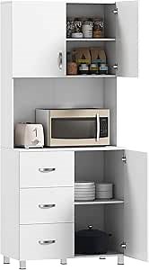 HOMCOM Freestanding Kitchen Pantry, Buffet with Hutch Storage Organizer with 2 Door Cabinets, 3 Drawers and Open Countertop, Adjustable Shelf, White