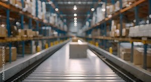 Snapshot of Automated E-commerce Delivery: Boxes Moving on Conveyor Belt in Warehouse. Concept Warehouse Automation, E-commerce Logistics, Conveyor Belt System, Delivery Process, Box Sorting
