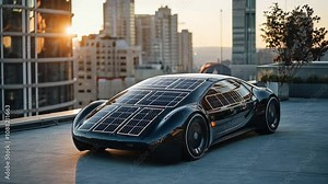 Solar Powered Sports Car: A sleek and futuristic sports car with solar panels on the roof, parked on a rooftop overlooking a cityscape, showcasing the potential of sustainable transportation.