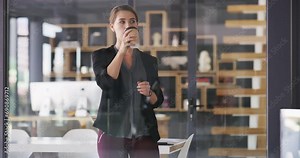 Office coffee cup, thinking and professional woman, management or boss contemplate work, decision or choice. Glass window, vision and business agent planning enterprise ideas for company future