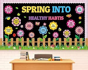 gisgfim Spring Healthy Bulletin Board Set Spring Theme Flowers Classroom Decorations Spring Into Healthy Habits Paper Cutouts for Classroom School Office Home Nursery Chalkboard Door Wall Decor