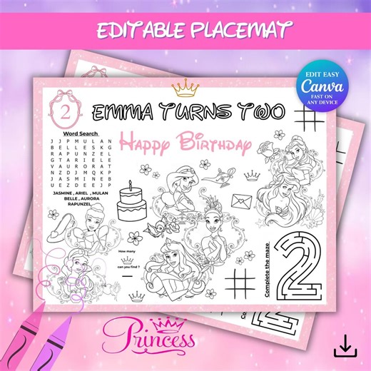 Editable Disney Princess Activity Sheet | Printable Party Placemat & Coloring Pages | Princess Placemat | Disney Pastel Placemat | Canva - Etsy Canada
