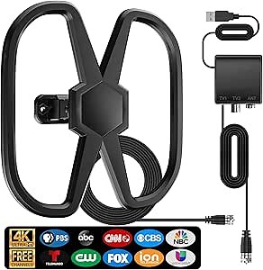 TV Antenna Support Double TVs- Long Range Digital TV Antenna for Smart TV, 360° Reception TV Antennas Indoor/Outdoor Support 8K 4K 1080p&All Old TVs - Signal Booster HD Antennas -36FT Cable