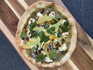 Bayless Family Pizza (tomatillo salsa, goat cheese, bacon) - Rick Bayless