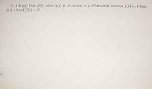 Find g'(8), where g(x) is the inverse of a differentiable funct... | Filo