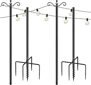 String Light Poles for Outside 2 Pack, Outdoor Light Poles for String Lights with 5-Prong Base and Spiral Ground Anchor, 8.5 ft Heavy Duty Metal Posts for Backyard Garden Patio Christmas Lighting