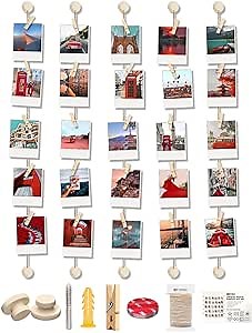 Polaroid Display Photo Hanging Clips String, Pictures Wall Decor Sculptural Picture Frames Holders 32 FT Hemp Rope + 30 Mini Clothes Pins + Self Adhesive Hooks + 2 Installation Methods