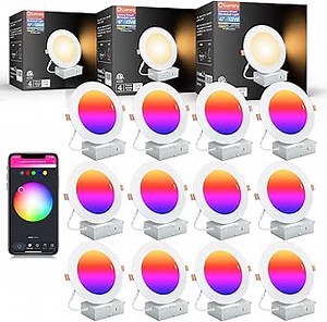 Lumary 6 Inch Ultra-Thin Smart Recessed Lighting, 13W 1000LM RGBWW Smart Wafer Lights with Junction Box, Compatible with Alexa/Google Assistant/BT Remote, ETL Listed, 12 Pack