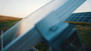 Close-up of solar batteries. Large economical photovoltaic panel producing clean energy from sun. Industrial construction. Efficient ecological solar farm.