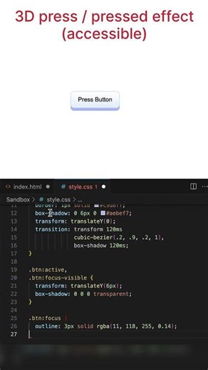 3D press / pressed effect (accessible) HTML and CSS #shorts